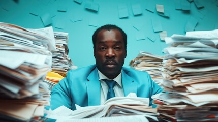 Overwhelmed: Middle-aged black man surrounded by paperwork. Illustrates work overload concept. Ideal for stress, workload visuals