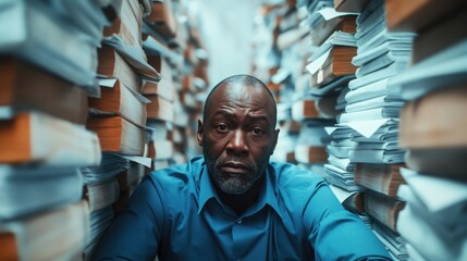 Overwhelmed: Middle-aged black man surrounded by paperwork. Illustrates work overload concept. Ideal for stress, workload visuals