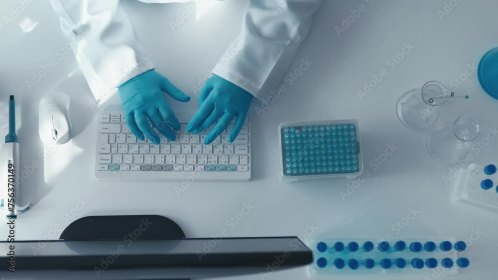 Poster A bacteriologist works in a laboratory where the structure and properties of bacteria are studied. Under a microscope, she analyzes samples, and at the computer, she develops strategies for