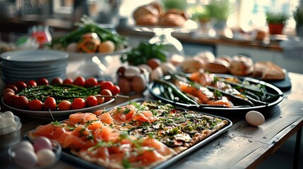 Easter buffet in large kitchen. smoked salmon in thin slices, painted eggs, pizza with asparagus on black baking sheet. Generative AI. - obrazy, fototapety, plakaty