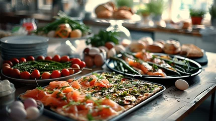Fotobehang Easter buffet in large kitchen. smoked salmon in thin slices, painted eggs, pizza with asparagus on black baking sheet. Generative AI. © visoot