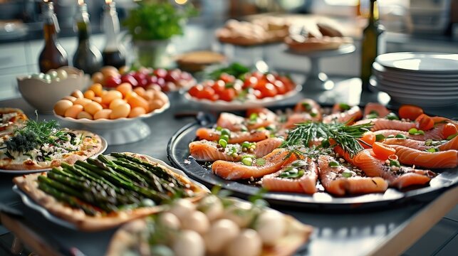 Easter buffet in large kitchen. smoked salmon in thin slices, painted eggs, pizza with asparagus on black baking sheet. Generative AI.