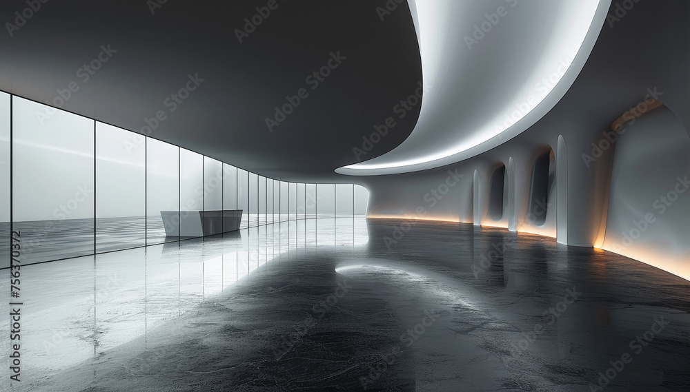 Poster simple exhibition hall with dark black curves and streamlined style. generative ai.