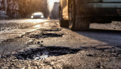 car on the road with potholes on the road, damaged road, damaged asphalt