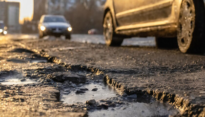 car on the road with potholes on the road, damaged road, damaged asphalt - obrazy, fototapety, plakaty