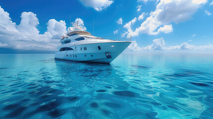 White yacht in sea on a blue background. Generative AI.