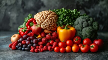 fruits and vegetables with brain for healthy mind