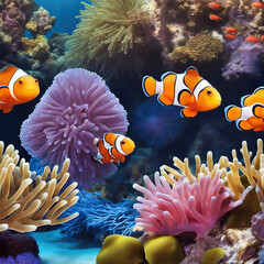 Naklejka na ściany i meble AI clown fish in a coral reef. Aquarium with saltwater underwater world. Fish