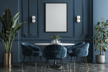 Sophisticated dining room with a poster frame mockup, elegant décor, 3D illustration for fine art display.
