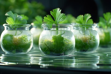 Close-up of small parsley plants growing in individual glass jars using hydroponics technique
