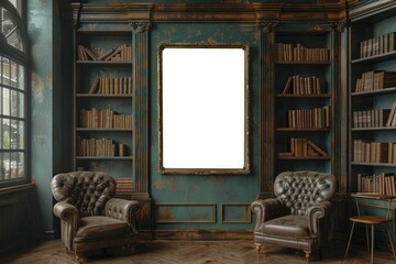 Vintage library featuring a classic literature poster frame mockup, leather chairs, and old books in a 3D render for reading promotion.