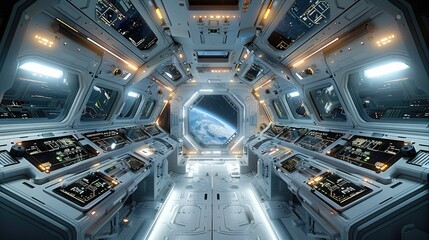A spaceship cockpit, showcasing a high-tech, modern, futuristic design. Generative AI.