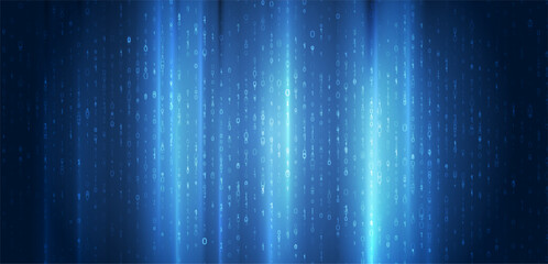 Bright glowing blue tech background with binary code numbers. Vector design