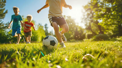 Obraz na płótnie Canvas Three children playing soccer in a park