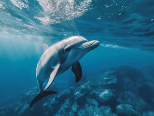 A playful dolphin swims in a clear blue ocean, showcasing the majesty of marine life.