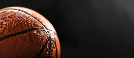 A basketball is shown in focus on a black background