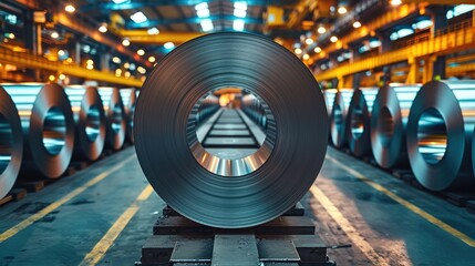 Rolls of galvanized steel sheet, steel sheet rolls, Rolled steel coils in a warehouse of a metal factory. Generative AI. - obrazy, fototapety, plakaty