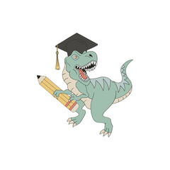 Cartoon dinosaur high school graduate in a hat with penci vector illustration isolated on white. Groovy hand drawn back to school education print poster postcard design. - 756372104