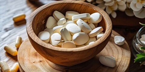 wooden bowl with white Tablets nature candy 