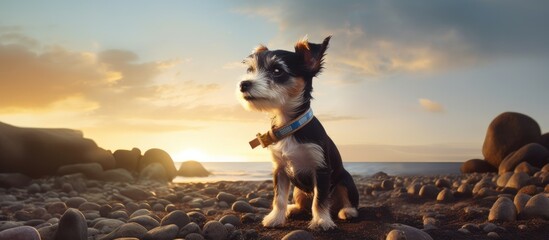 A carnivore companion dog of a small dog breed is sitting on a rocky beach, gazing at the ocean under a cloudfilled sky. The event creates a picturesque landscape with water as the backdrop - obrazy, fototapety, plakaty