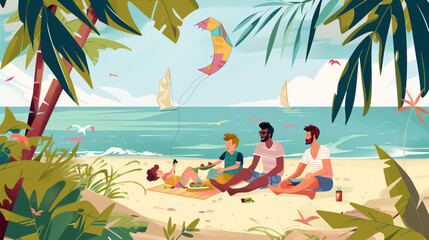 LGBT Dads and Kids Serene Beach Day Illustration
