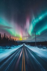 A stunning aurora borealis paints the Canadian sky in vibrant greens and pinks, with a snow-covered road winding through a serene tree-filled landscape.