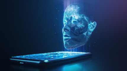 A 3D face illuminated by a smartphone's light showcases data flow, representing concepts like AI, technology, human-computer interaction, and innovation