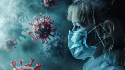 A girl wearing a mask is looking at a virus - obrazy, fototapety, plakaty