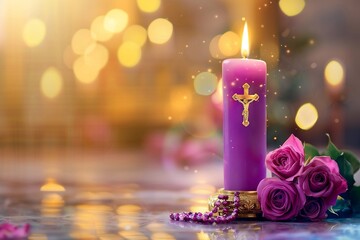 Lavender candle with a cross on a church bokeh background. Catholic worship utensils. Christian religion and holiday concept. Close-up aesthetic composition for wallpaper, poster, card with copy space