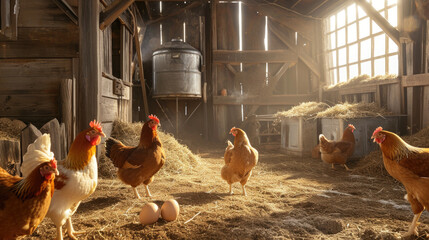 A group of chickens are in a barnyard setting, with one of them wearing a hat - obrazy, fototapety, plakaty