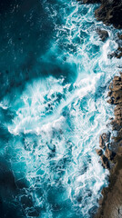 Neon waves crashing against rocky shores cinematic seascape