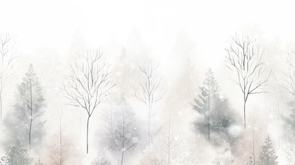 Fototapeta premium winter, light white background snowfall in the forest with a copy space, trees covered with snowflakes, flat graphics, empty blank greeting card, watercolor design