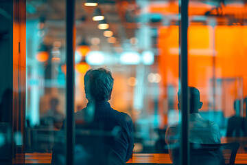 The image depicts a man from behind, looking into a brightly lit office space, suggesting contemplation or decision-making