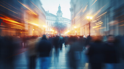 a crowd of people in the city, tourists on an old city street abstract blurred people in motion