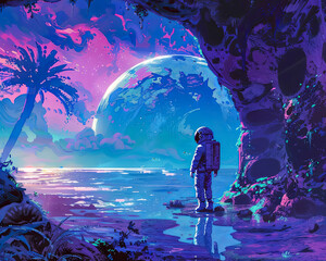 Astronauts on a mystical space beach, neon oceans, cosmic wildlife