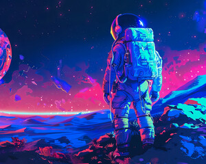 Astronauts on a mystical space beach, neon oceans, cosmic wildlife