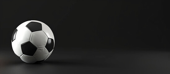 A white and black soccer ball is on a black background - obrazy, fototapety, plakaty