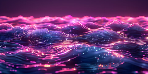A digitally created blue and pink wave,  over water with mountains, 
