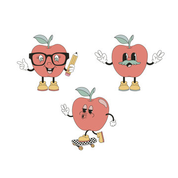 Funny cartoon apple nerdy schoolgirl in glasses schoolboy on skateboard teacher with mustache vector illustration set isolated on white. Groovy hand drawn back to school education print poster