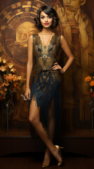 Female model in a flapper dress, standing in front of a golden-hued backdrop.