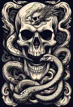 t-shirt design hand drawn. intricate black and white  illustration of a vintage flash art tattoo of a skull, eagle and snake