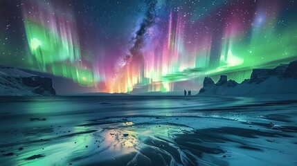 Landscape watercolor, A breathtaking view of the aurora borealis illuminating the night sky. Generative AI.