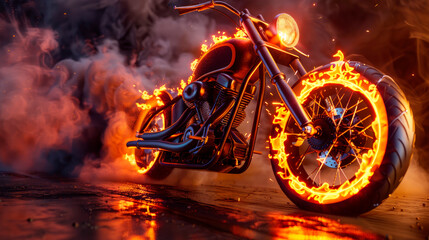 Motorcycle engulfed in fierce orange flames and smoke.