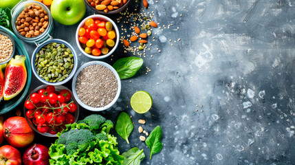 Vegetarian, vegan food cooking ingredients, copy space. Flat-lay of vegetables, fruit, beans, cereals.