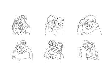 set of couple  hugging. line drawing illustration for your design