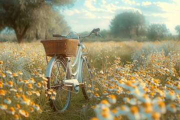 A bike standing in the countryside with a picnic basket and flowers in the bike basket. Generative...