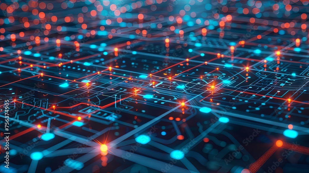 Poster electronic circuit board with glowing connection points detailed electronic circuit board featuring 