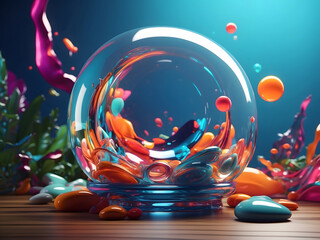 Mockup in glass morphism style with comment bubbles and colourful shapes on a blue background with 3D render designs. - obrazy, fototapety, plakaty