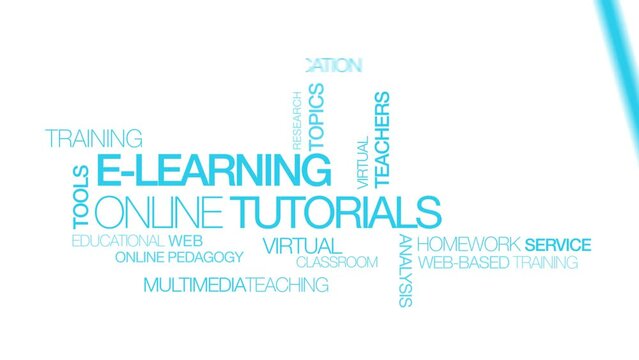 e-learning online tutorials lesson words tag cloud learnings blue text white background virtual Distance training formation coaching teaching scholarship teacher education study homework animation