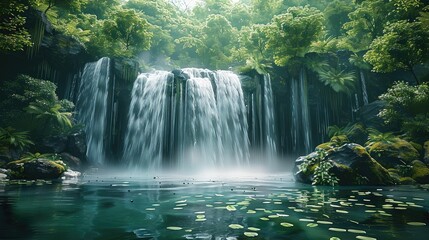 A waterfall in a lush forest setting. Generative AI.